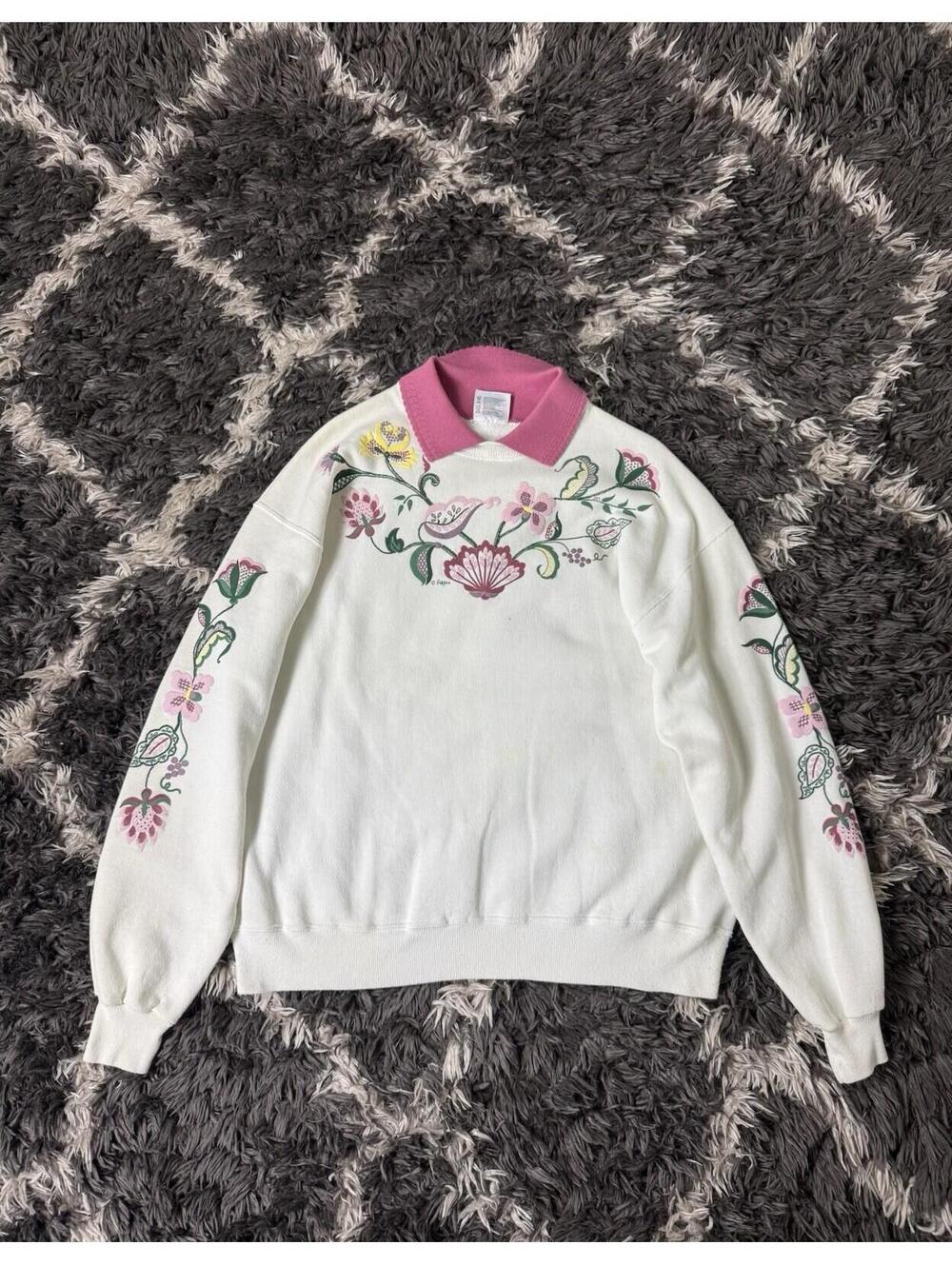 Vintage 90s Hanes Frabjous Floral Collared Sweatshirt XL Grandmacore Cottagecore